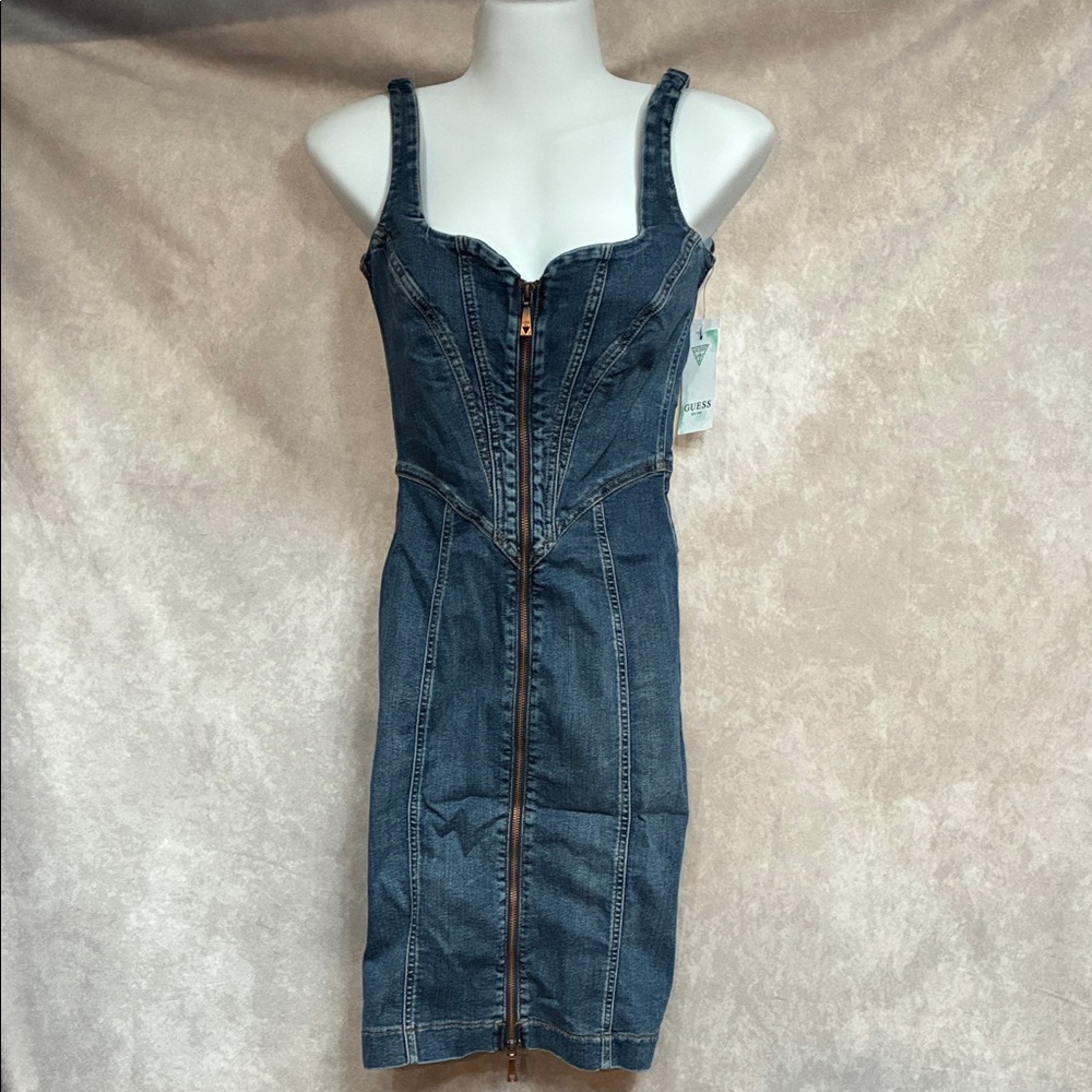 Guess Dark Blue Denim Zip-Front Bodycon Dress